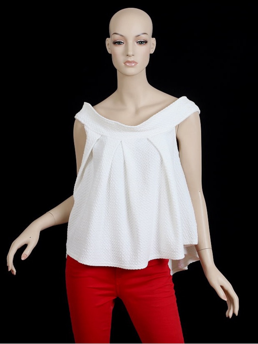 Free People White Off-Shoulder Pleated cotton blend Camisole, waffle print Large